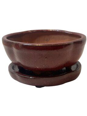 Handcrafted Burgundy Ceramic Planter With Matching Saucer Drainage Hole And Rubb